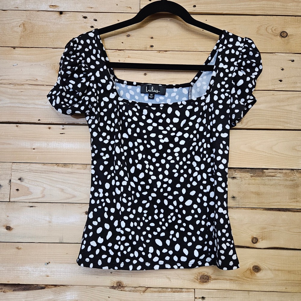 Lulus Black White Dalmatian Polka Dot Puff Sleeve Square Neck Top Medium Womens